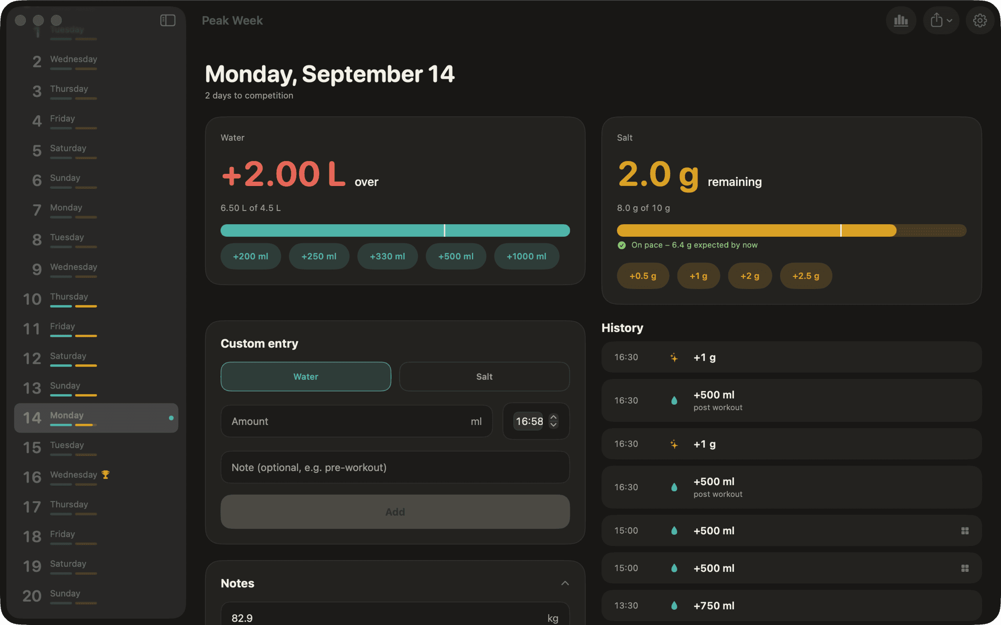 Peak Week for Mac: day sidebar, water and salt cards, custom entry and history in a two-column layout